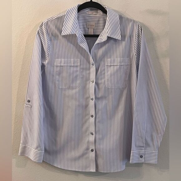 Chico’s Blouse No Iron Blue & White Stripes Long Sleeve Roll-tab Size 1 (Med 8) - Picture 1 of 8